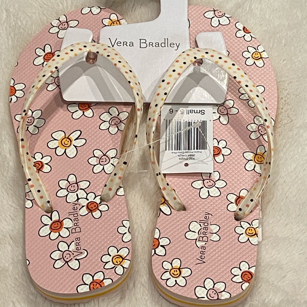 Vera Bradley Prairie Paisley Daisy Pink Smileys Flip Flops Sandals Size 5-6 NWT